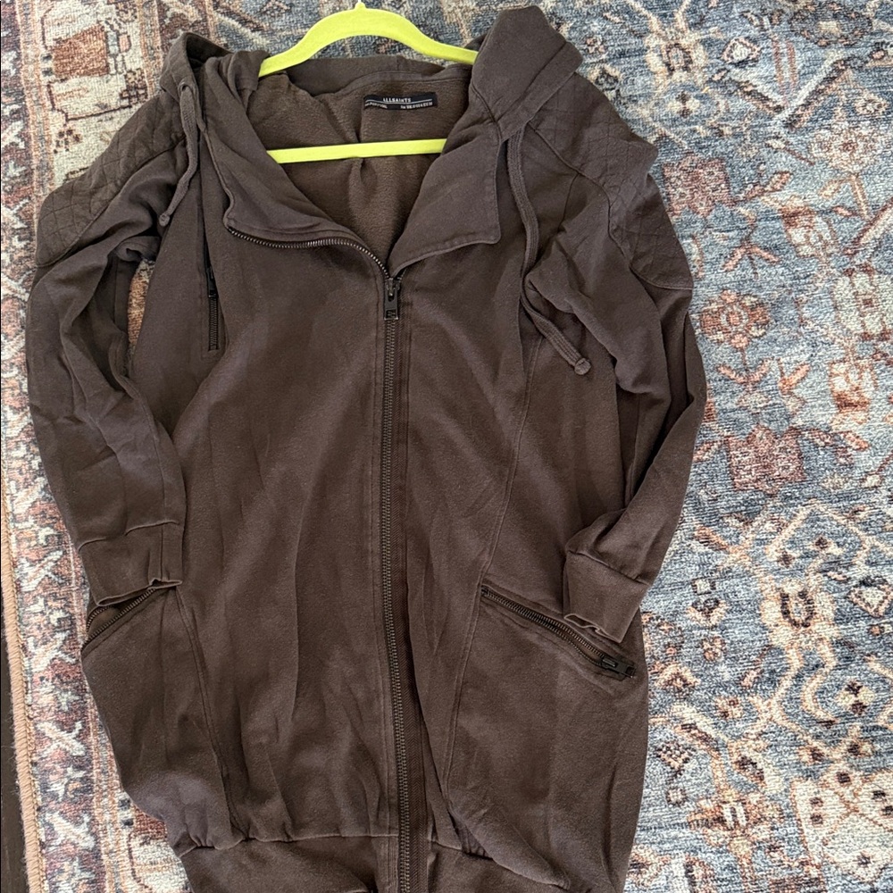 All Saints Taupe-Brown Hooded Zip Bomber Jacket